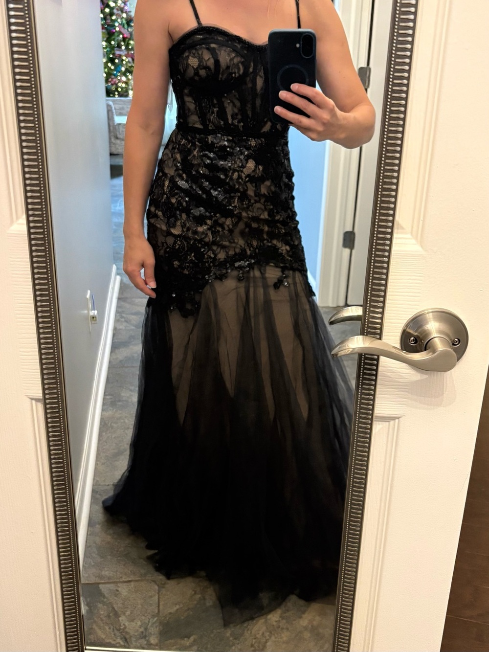 David's Bridal Black Lace Appliqué Tulle Gown